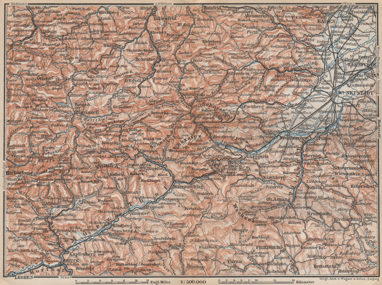 SEMMERING & MARIAZELL environs. Mürztal Styria Baden bei Wien Austria 1899 map